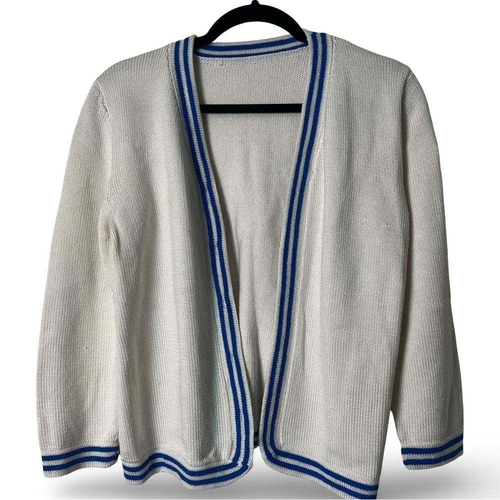 VTG 70s Collegiate Tennis Knit Open Cardigan White Blue Trim Women's Sz M